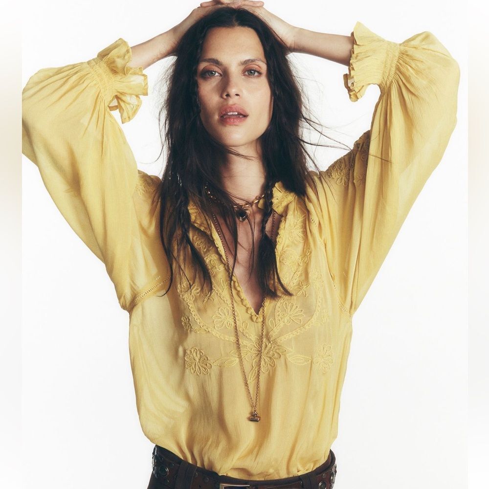 NWOT Free People Bali Dragon Lilly Embroidered Top- Misted Yellow - Picture 3 of 11